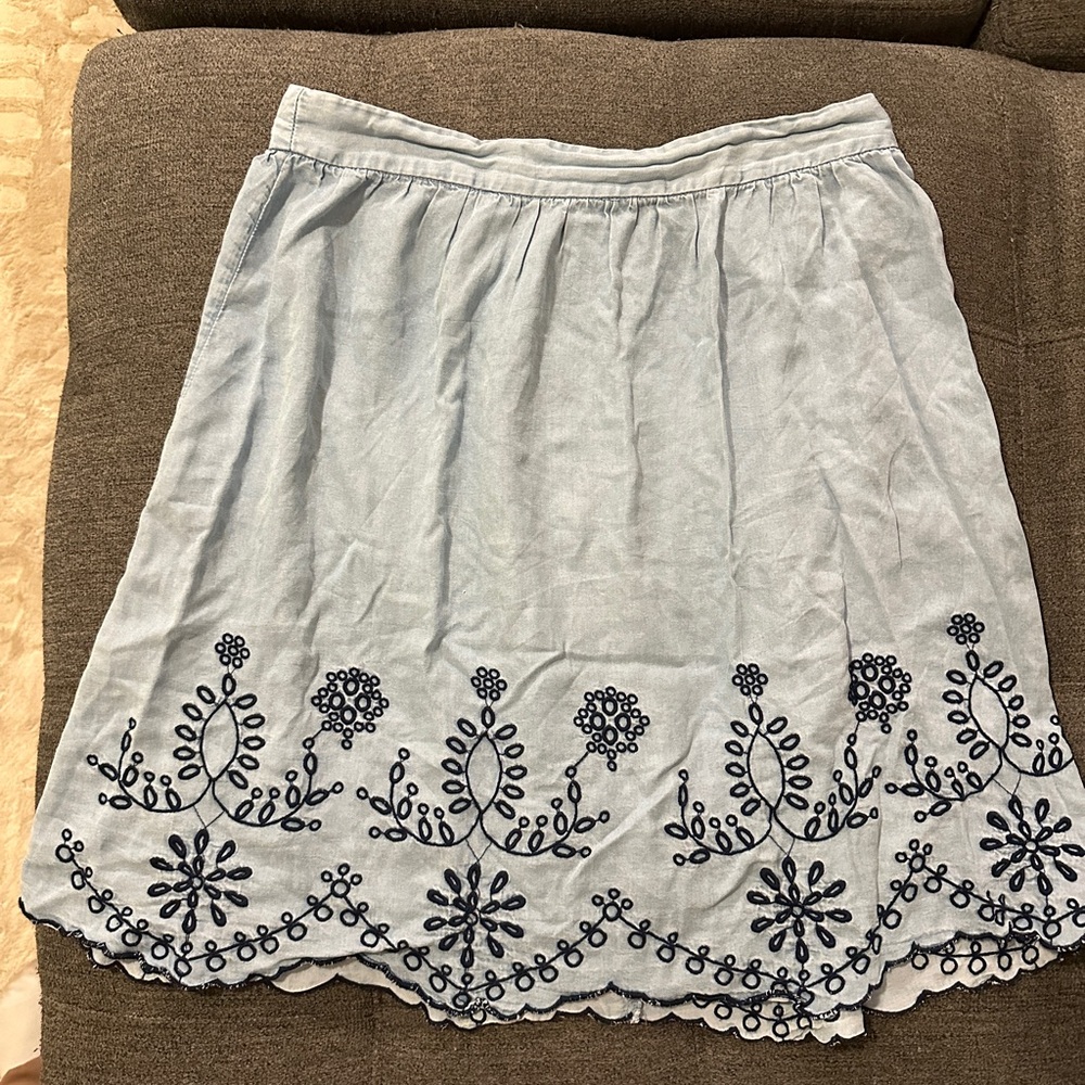 DownEast Light Blue A-Line Skirt with Navy Embroidery